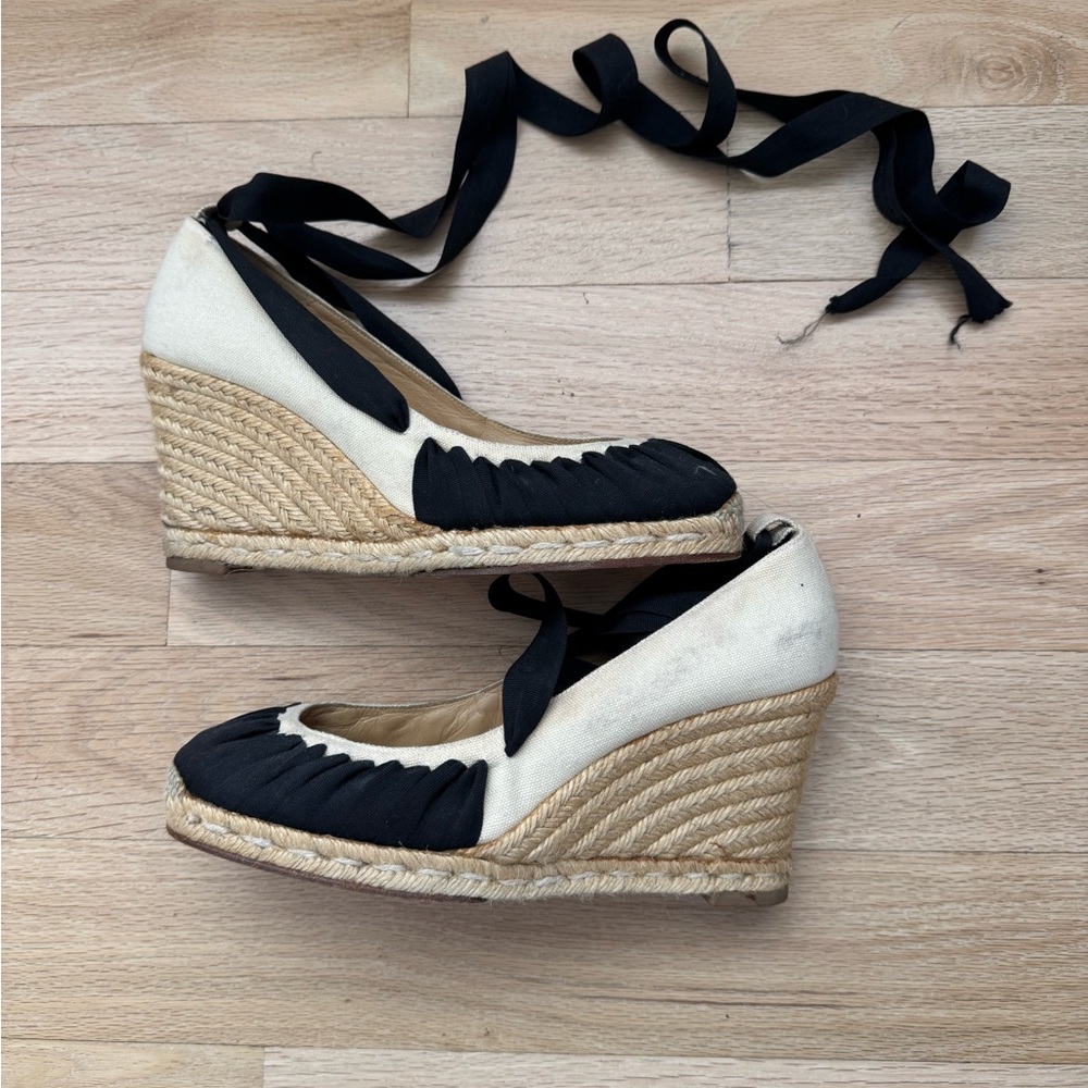 Christian Louboutin Black and Cream Espadrille Wedge Ankle Tie Sandals